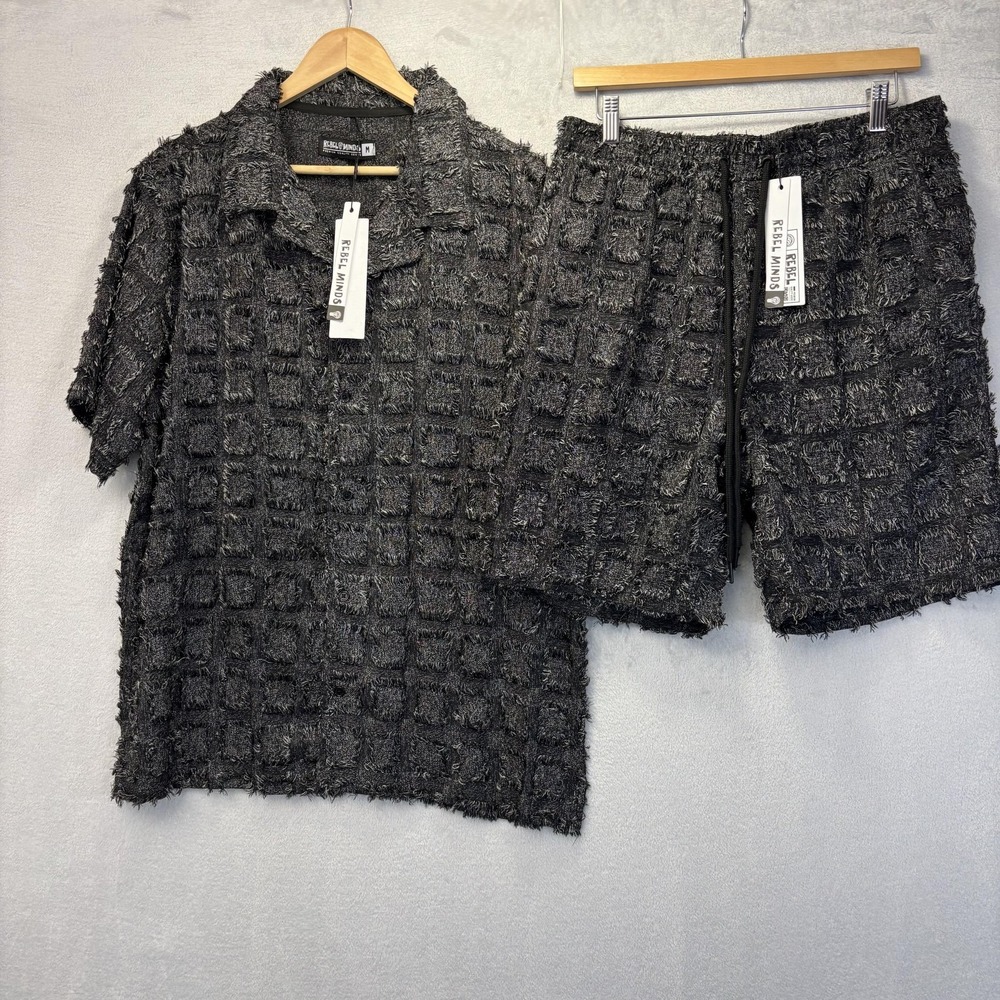 NWT Rebel Minds Texture Fringe Shirt Shorts 2 Pc Set Mens Medium Gray Streetwear